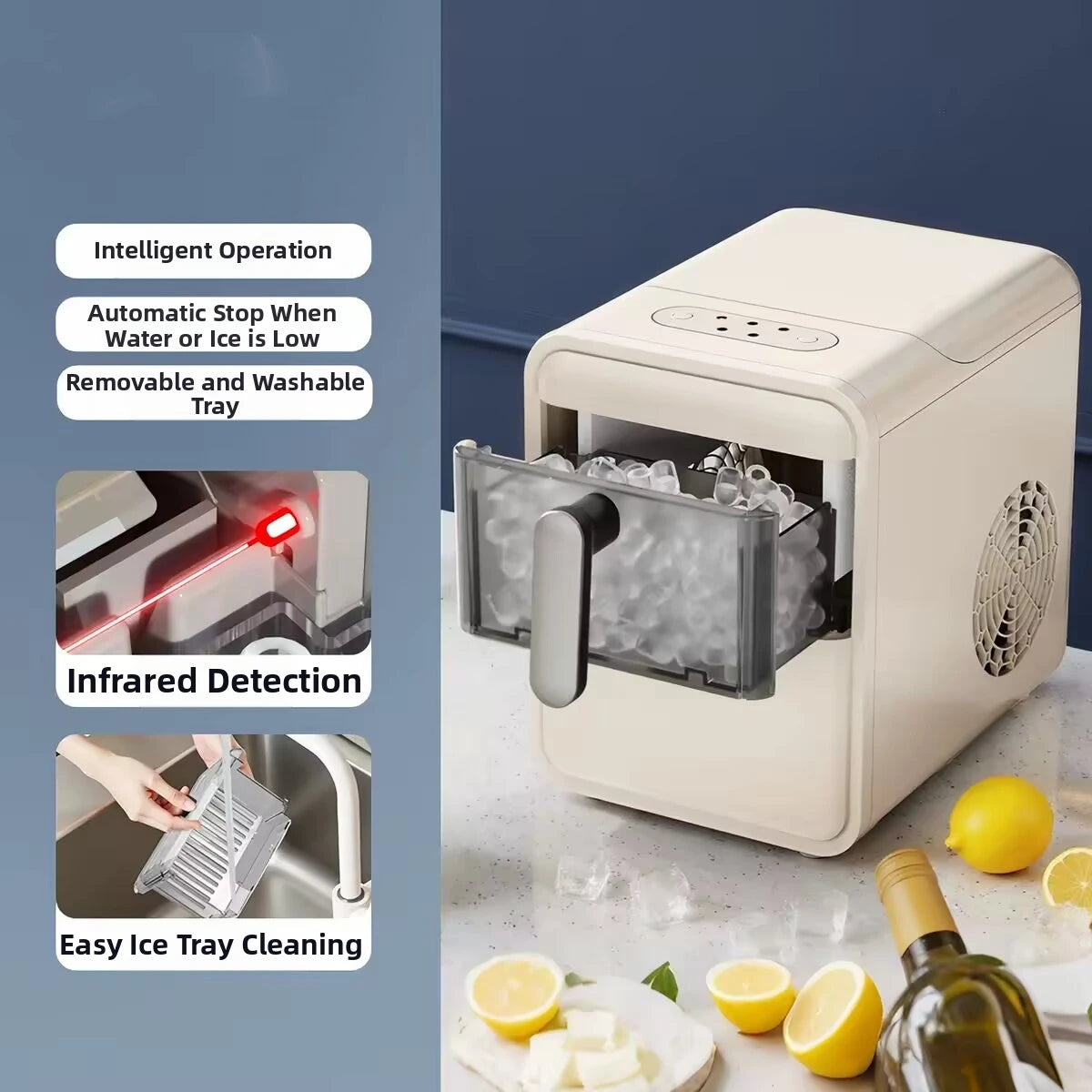 Máquina de Hielo Automática Mini Compacta – 15KG Diarios, Autolimpiante y Portátil para Hogar y Oficina