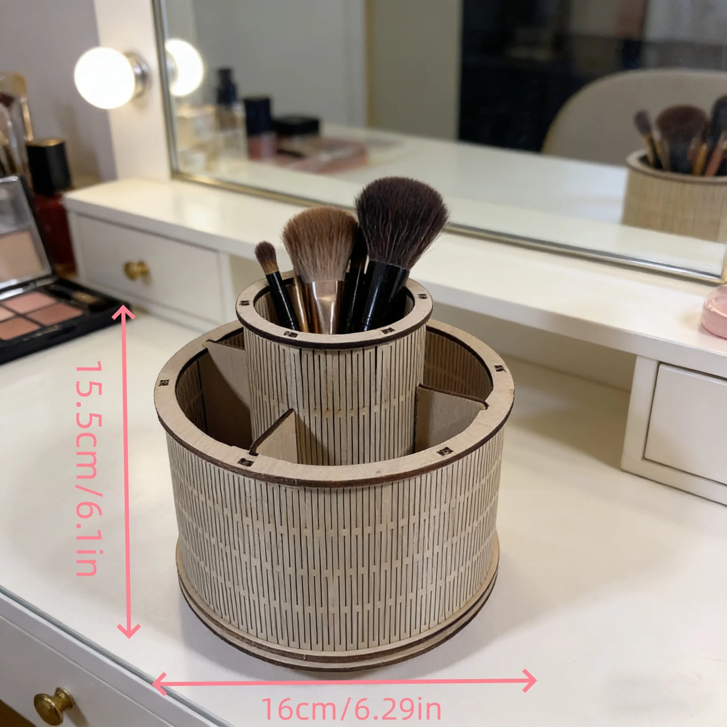 Organizador de Maquillaje Giratorio 3D de Madera – Caja Rotatoria para Pinceles y Cosméticos