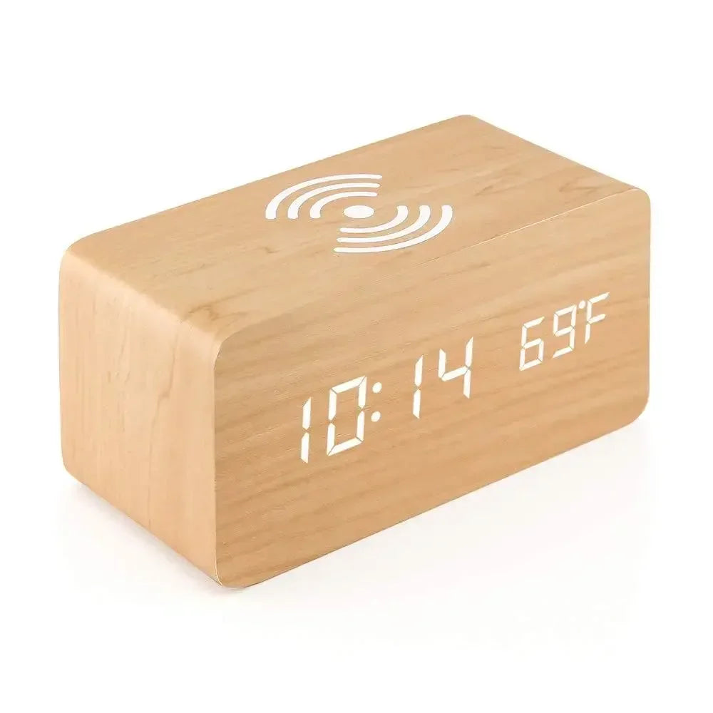 Reloj Despertador LED de Madera con Temperatura y Carga Inalámbrica – USB/AAA para Escritorio