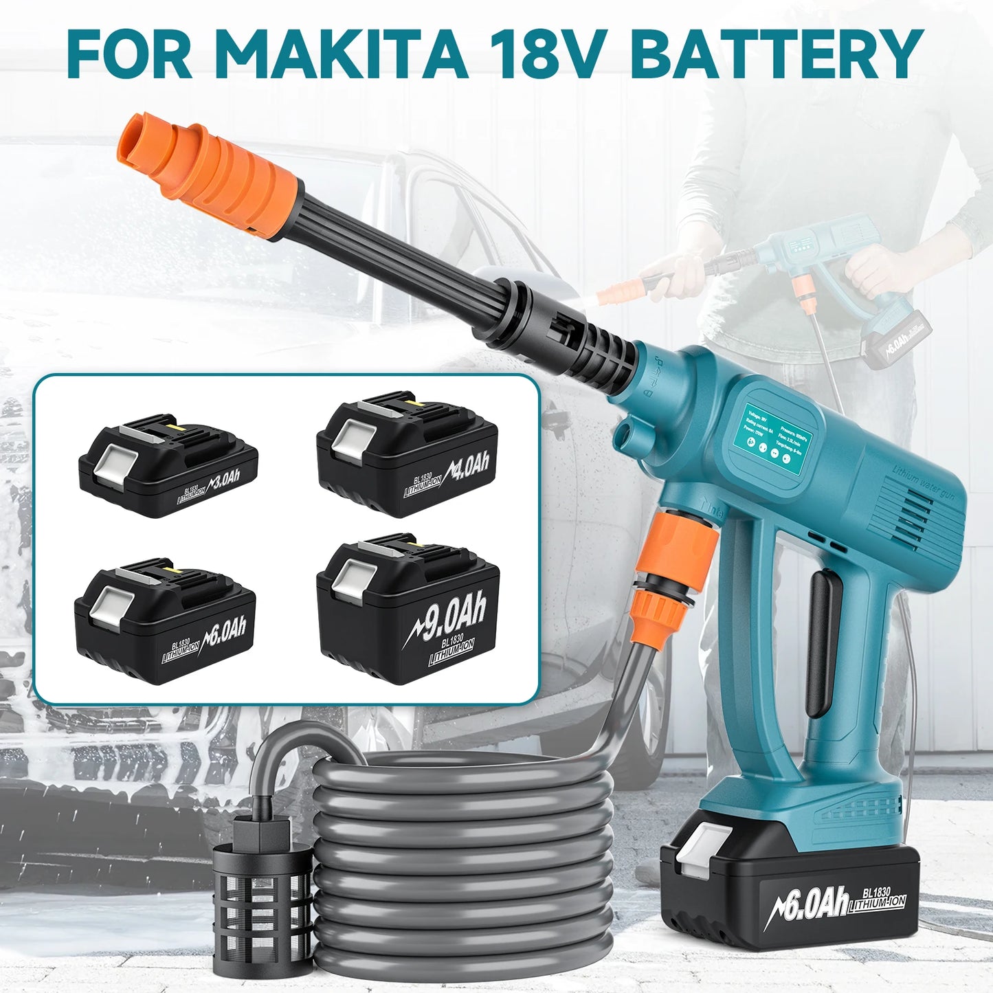 Hidrolavadora Inalámbrica de Alta Presión Bonacell para Lavado de Autos, Compatible con Baterías Makita 18V, con Manguera de Agua Ajustable