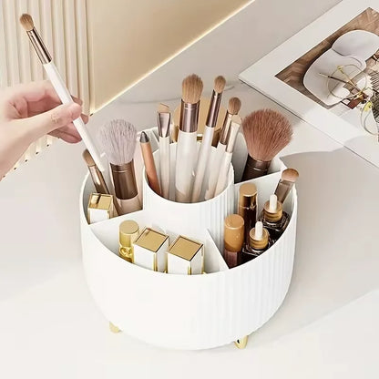 Organizador de Maquillaje Giratorio 360° con 5 Compartimentos – Porta Pinceles y Cosméticos Multifuncional