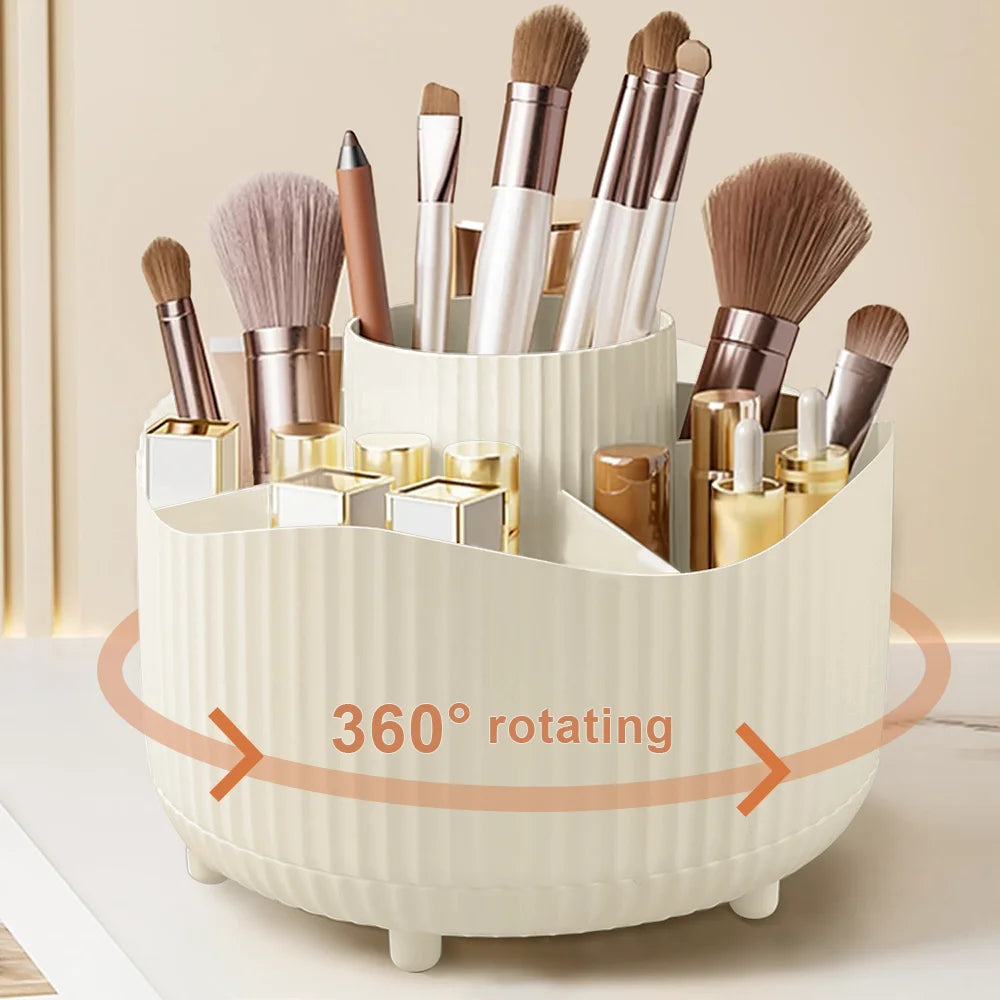 Organizador de Maquillaje Giratorio 360° con 5 Compartimentos – Porta Pinceles y Cosméticos Multifuncional
