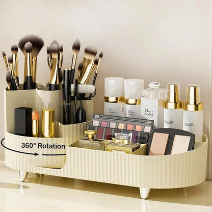 Organizador de Maquillaje Giratorio 360° con 5 Compartimentos – Porta Pinceles y Cosméticos Multifuncional