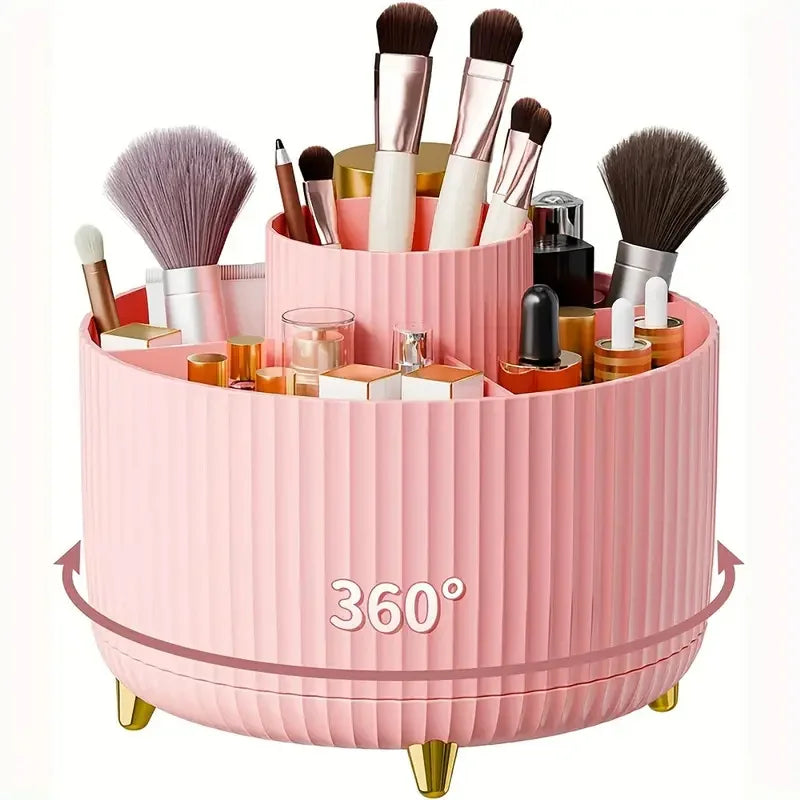 Organizador de Maquillaje Giratorio 360° con 5 Compartimentos – Porta Pinceles y Cosméticos Multifuncional