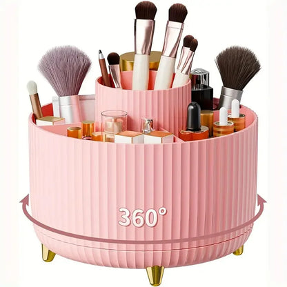 Organizador de Maquillaje Giratorio 360° con 5 Compartimentos – Porta Pinceles y Cosméticos Multifuncional