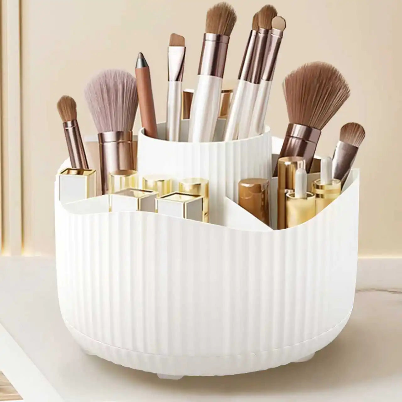 Organizador de Maquillaje Giratorio 360° con 5 Compartimentos – Porta Pinceles y Cosméticos Multifuncional