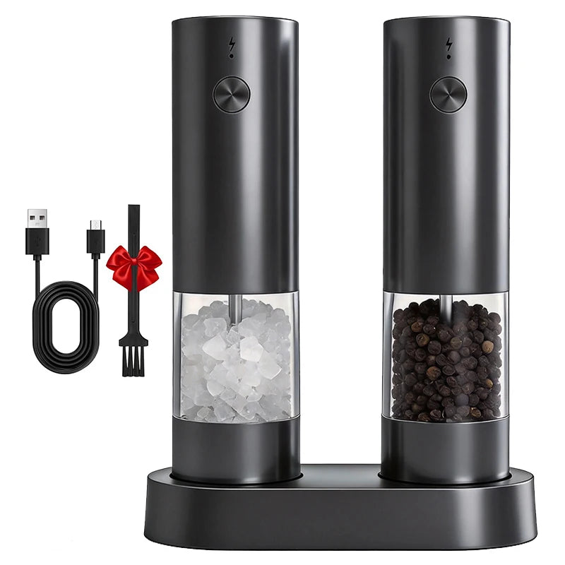 Set de Molinillos Eléctricos de Sal y Pimienta USB Recargables – Grosor Ajustable con Base de Almacenamiento