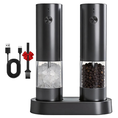 Set de Molinillos Eléctricos de Sal y Pimienta USB Recargables – Grosor Ajustable con Base de Almacenamiento