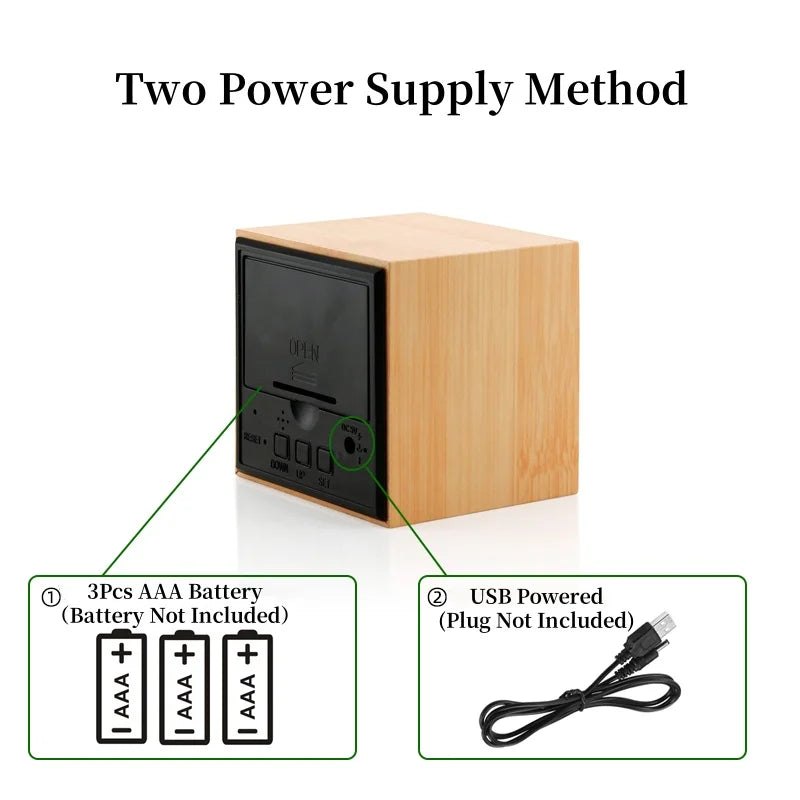 Reloj Despertador Digital de Madera con Control de Voz – Temperatura, 3 Alarmas, USB, Formato 12/24H