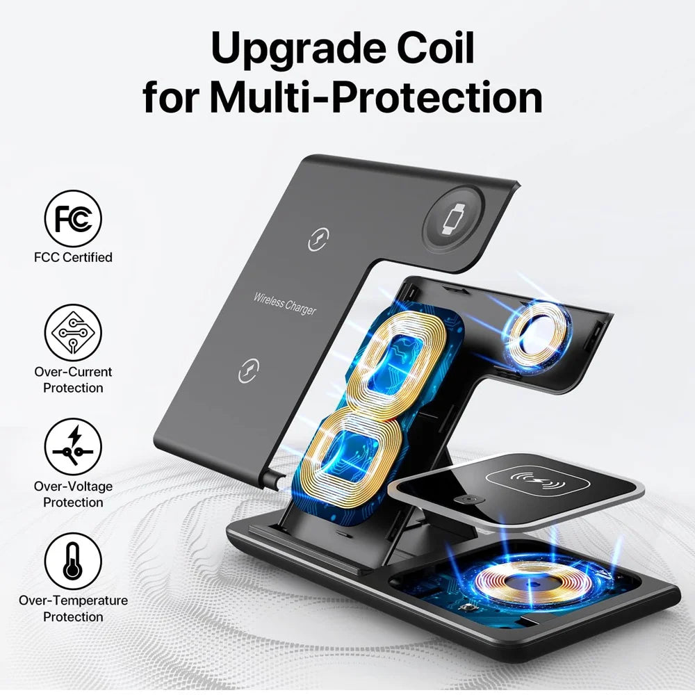 Cargador Inalámbrico LED 3 en 1 Plegable – iPhone 14-17, Apple Watch, AirPods y Samsung