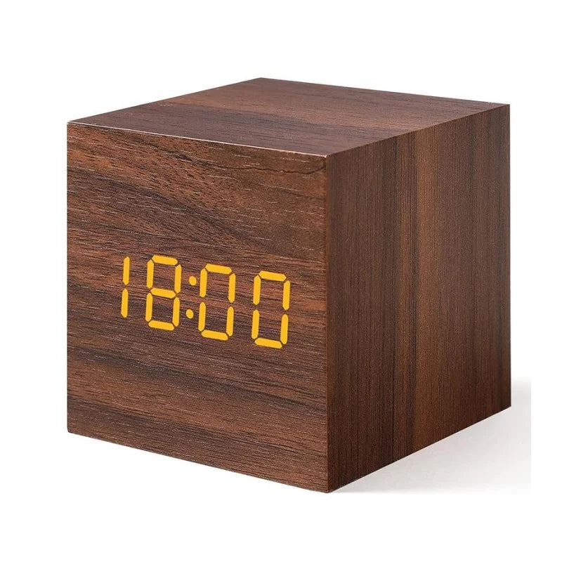 Reloj Despertador Digital de Madera con Control de Voz – Temperatura, 3 Alarmas, USB, Formato 12/24H