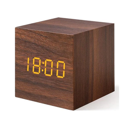 Reloj Despertador Digital de Madera con Control de Voz – Temperatura, 3 Alarmas, USB, Formato 12/24H