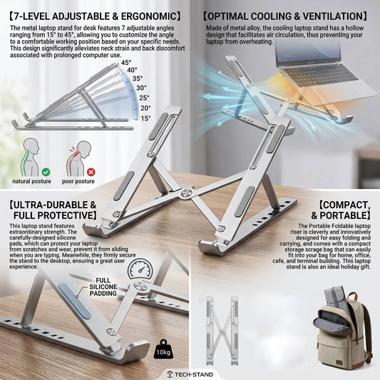 Soporte Metal Plegable para Laptop y Tablet – Aluminio con 6 Ángulos Ajustables