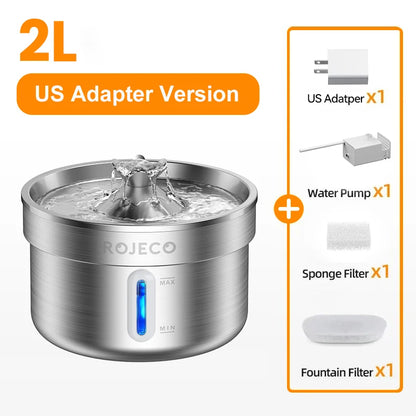 Fuente de Agua Automática para Mascotas ROJECO de Acero Inoxidable – Dispensador Inteligente para Gatos y Perros
