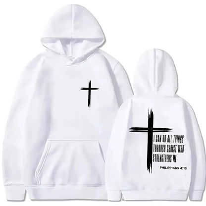 Hoodie con Cruz Religiosa y Texto Motivacional – Estilo Casual Unisex Otoño Invierno