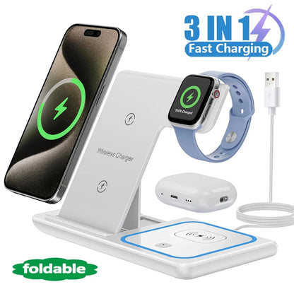 Cargador Inalámbrico LED 3 en 1 Plegable – Estación de Carga para iPhone 17-14, Apple Watch y AirPods