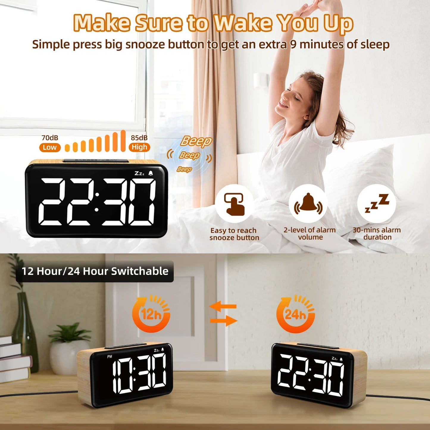 Reloj Despertador Digital LED con Carga USB y Brillo Ajustable – Formato 12/24H para Hogar y Oficina
