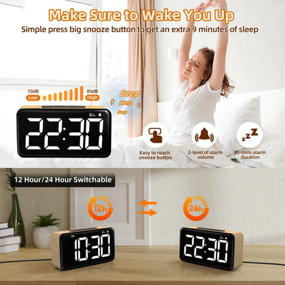 Reloj Despertador Digital LED con Carga USB y Brillo Ajustable – Formato 12/24H para Hogar y Oficina
