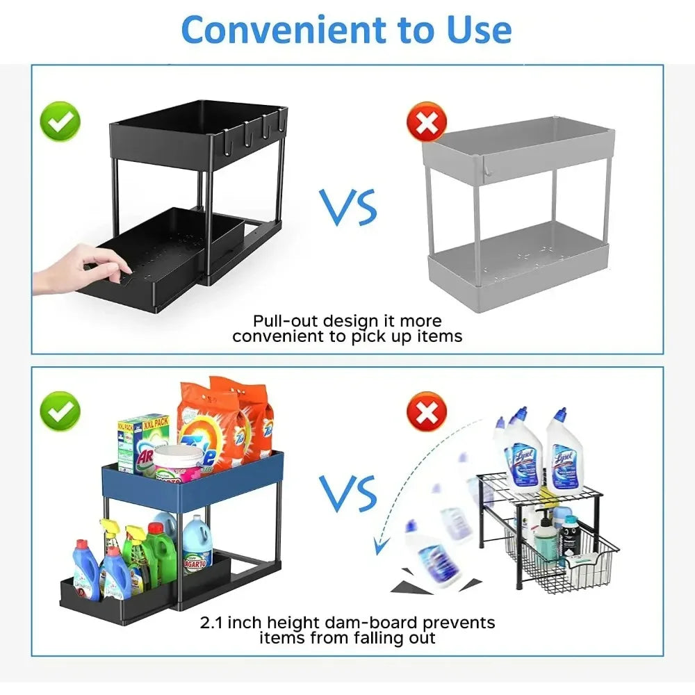 Organizador Bajo la Pileta 2 Niveles Extraible con Ganchos y Vasos – Cocina y Baño