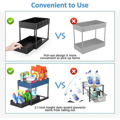 Organizador Bajo la Pileta 2 Niveles Extraible con Ganchos y Vasos – Cocina y Baño
