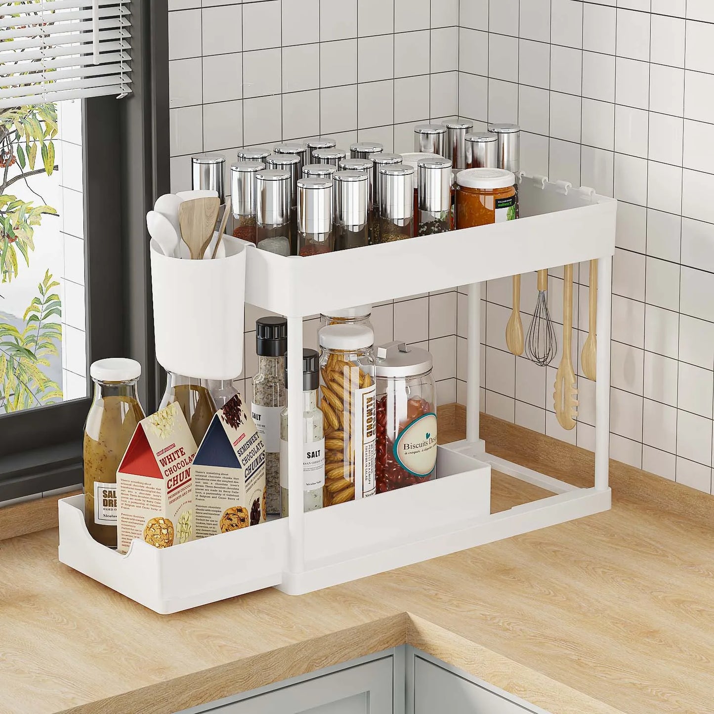 Organizador Bajo la Pileta 2 Niveles Extraible con Ganchos y Vasos – Cocina y Baño