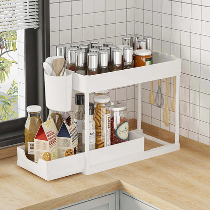 Organizador Bajo la Pileta 2 Niveles Extraible con Ganchos y Vasos – Cocina y Baño