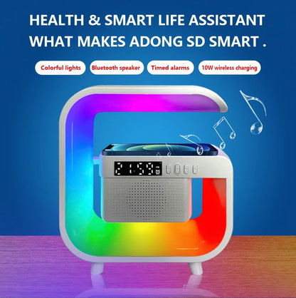 Cargador Inalámbrico Multifunción con Altavoz Bluetooth 5.0 – FM, RGB y Luz Nocturna para iPhone y Samsung