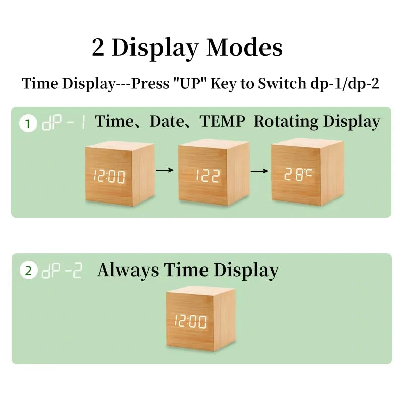Reloj Despertador LED de Madera con Control de Voz – Digital USB/AAA para Escritorio