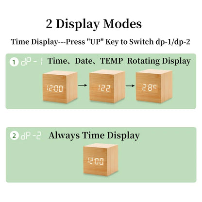 Reloj Despertador Digital de Madera con Control de Voz – Temperatura, 3 Alarmas, USB, Formato 12/24H