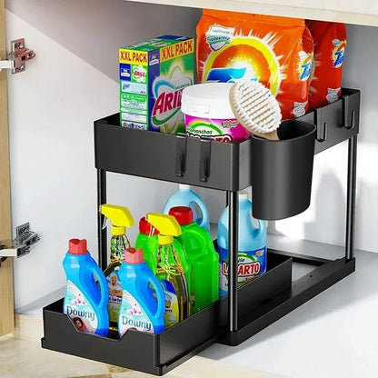 Organizador Bajo la Pileta 2 Niveles Extraible con Ganchos y Vasos – Cocina y Baño