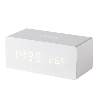 Reloj Despertador Digital de Madera con Carga Inalámbrica – Hora, Fecha, Temperatura para Oficina y Mesita