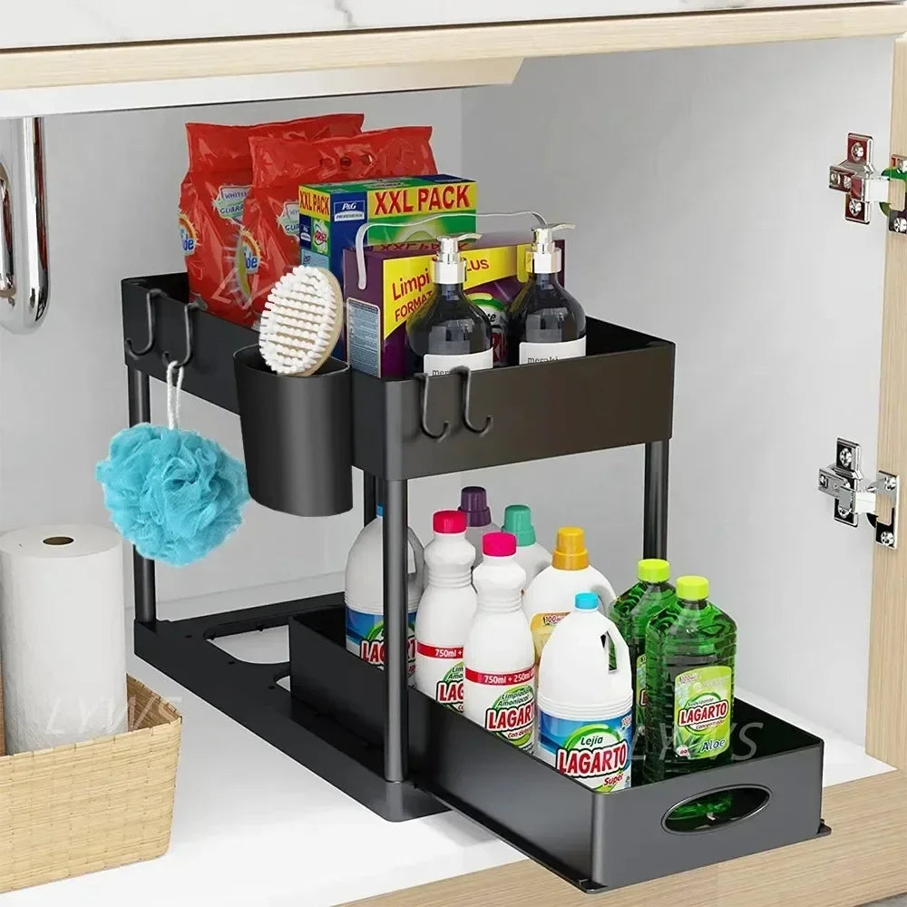 Organizador Bajo la Pileta 2 Niveles Deslizante con Ganchos y Vaso Colgante – Cocina y Baño