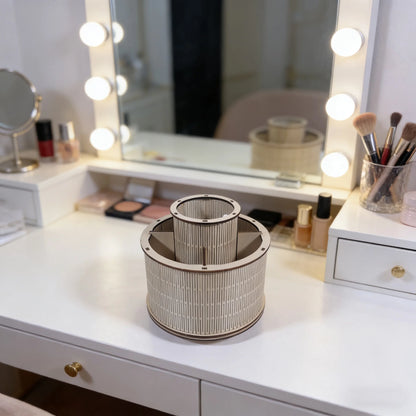 Organizador de Maquillaje Giratorio 3D de Madera – Caja Rotatoria para Pinceles y Cosméticos