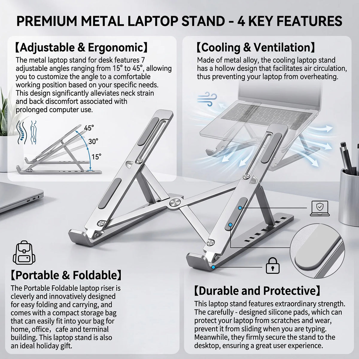 Soporte Metal Plegable para Laptop y Tablet – Aluminio con 6 Ángulos Ajustables
