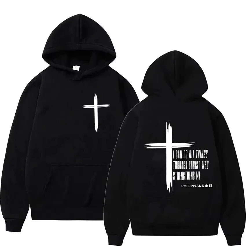 Hoodie con Cruz Religiosa y Texto Motivacional – Estilo Casual Unisex Otoño Invierno