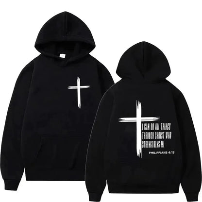Hoodie con Cruz Religiosa y Texto Motivacional – Estilo Casual Unisex Otoño Invierno