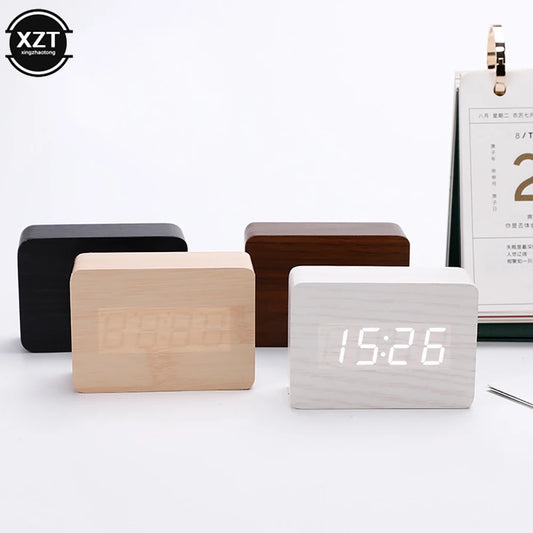 Reloj Despertador LED de Madera con Control de Voz – Digital, USB/AAA para Escritorio