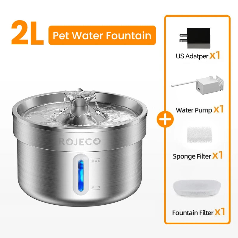 Fuente de Agua Automática para Mascotas ROJECO de Acero Inoxidable – Dispensador Inteligente para Gatos y Perros