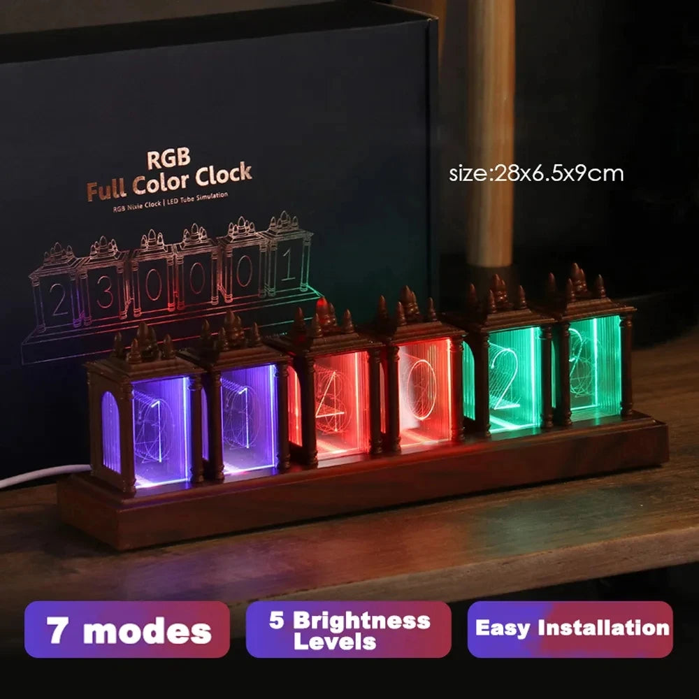 Reloj Digital LED Nixie con Luz RGB y Madera de Nogal – Reloj Despertador Decorativo con Lámpara de Ambiente
