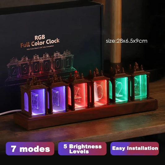 Reloj Digital LED Nixie con Luz RGB y Madera de Nogal – Reloj Despertador Decorativo con Lámpara de Ambiente