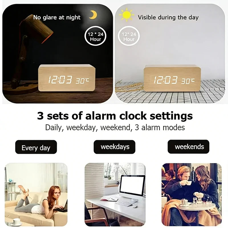Reloj Despertador LED de Madera con Control de Voz – Digital USB/AAA para Escritorio