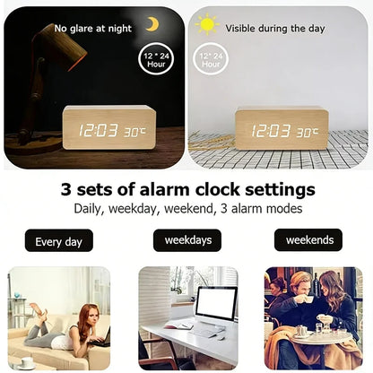 Reloj Despertador LED de Madera con Control de Voz – Digital USB/AAA para Escritorio