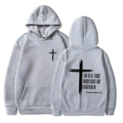 Hoodie con Cruz Religiosa y Texto Motivacional – Estilo Casual Unisex Otoño Invierno
