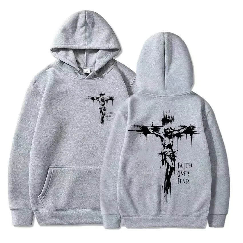 Hoodie con Cruz Religiosa y Texto Motivacional – Estilo Casual Unisex Otoño Invierno