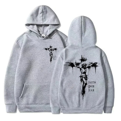 Hoodie con Cruz Religiosa y Texto Motivacional – Estilo Casual Unisex Otoño Invierno