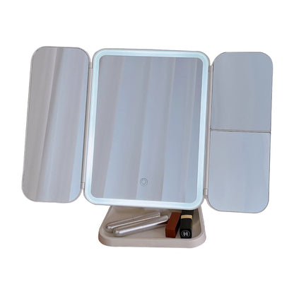 Espejo de Maquillaje Trifold LED con Aumento 3X – Luz Tricolor y Base Organizadora