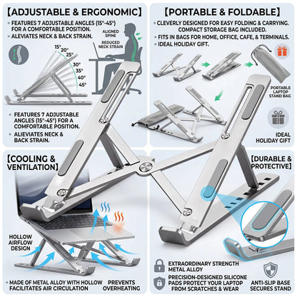 Soporte Metal Plegable para Laptop y Tablet – Aluminio con 6 Ángulos Ajustables