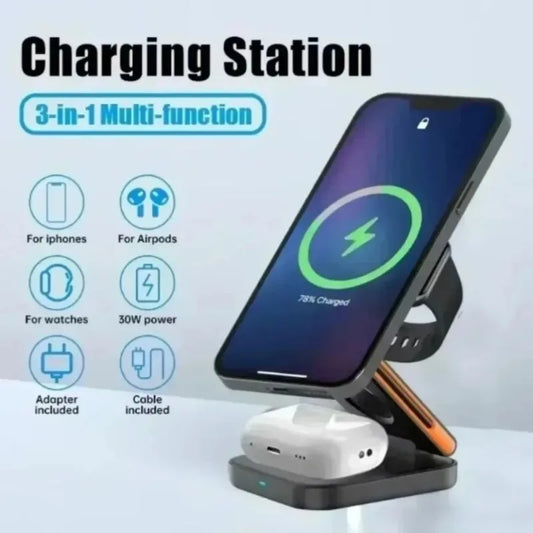 Estación de Carga Inalámbrica 3 en 1 – iPhone 12-17 Pro, Apple Watch y AirPods con Adaptador