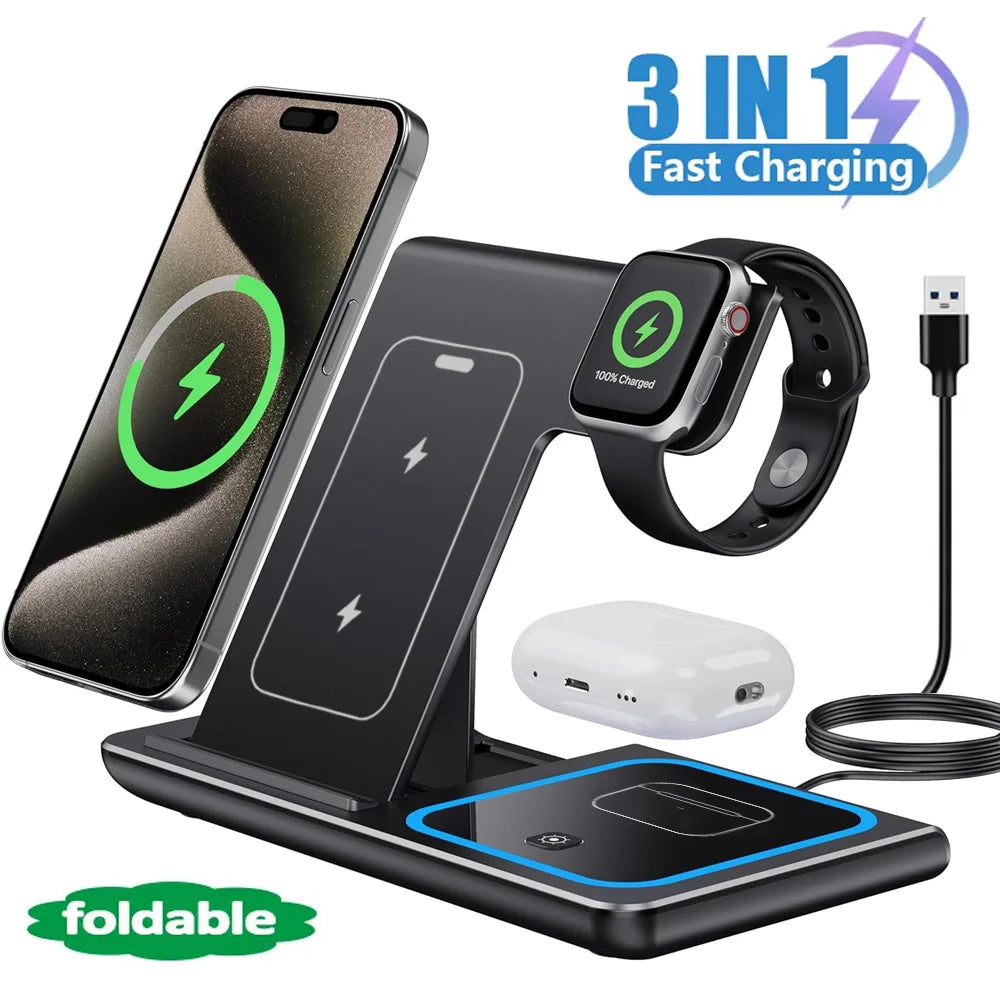 Cargador Inalámbrico LED 3 en 1 Plegable – iPhone 14-17, Apple Watch, AirPods y Samsung