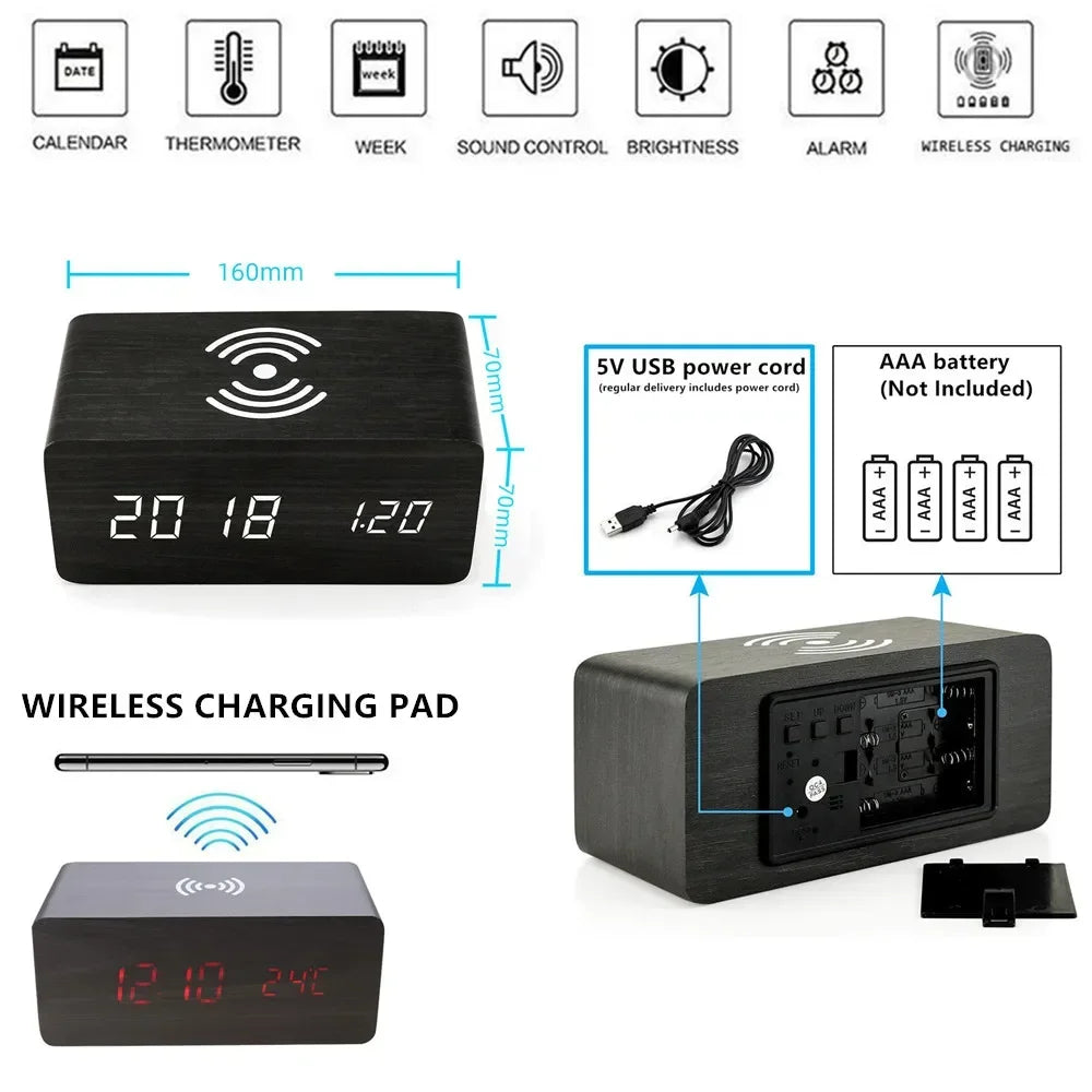 Reloj Despertador LED de Madera con Temperatura y Carga Inalámbrica – USB/AAA para Escritorio